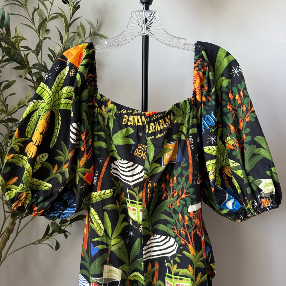 Farm Rio Tropical Fruit Print Puff Sleeve Jumpsuit Tie Waist - Picture 7 of 10